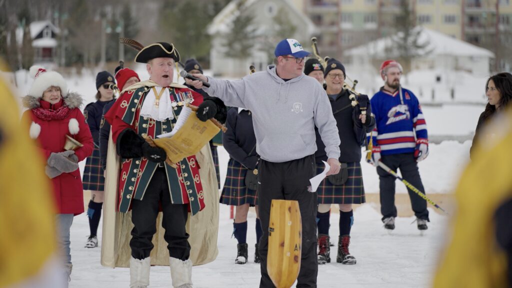 announcing the start of the fireball whisky gravenhurst on the pond hockey tournament